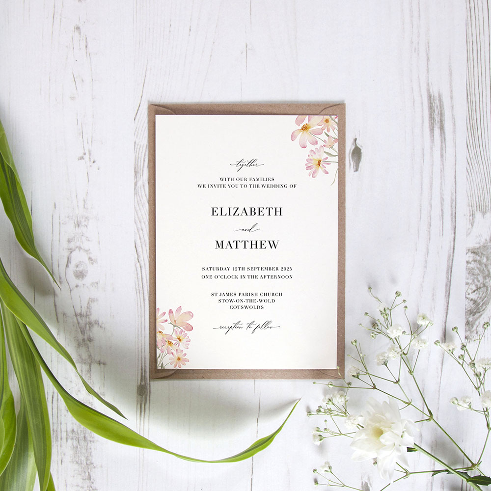 'Daisy Pink' Standard Wedding Invitation Sample