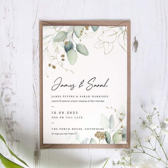 'Green & Gold Eucalyptus' Standard Wedding Invitation