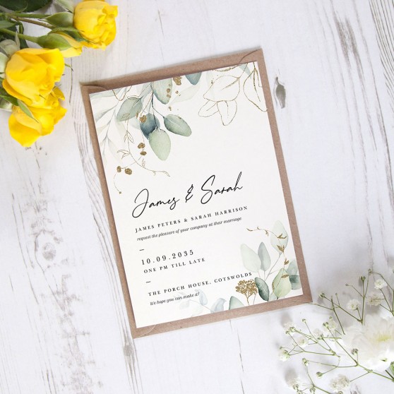 'Green & Gold Eucalyptus' Standard Wedding Invitation Sample