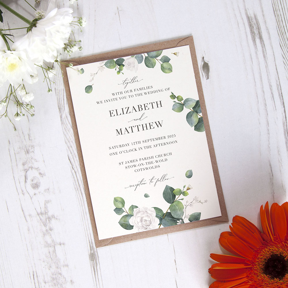'Eucalyptus White' Standard Wedding Invitation Sample
