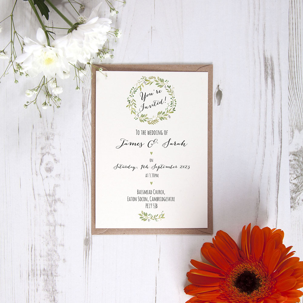 'Green Floral Watercolour' Standard Wedding Invitation