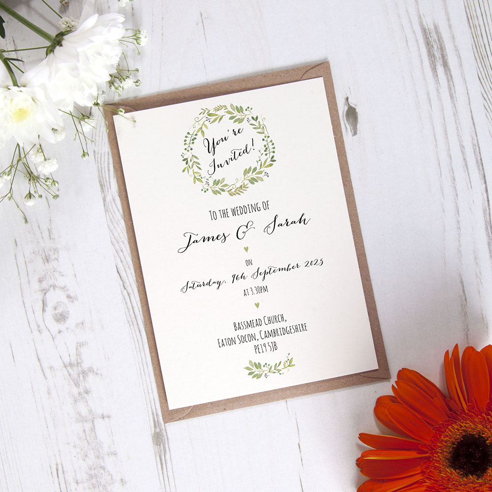 'Green Floral Watercolour' Standard Wedding Invitation Sample