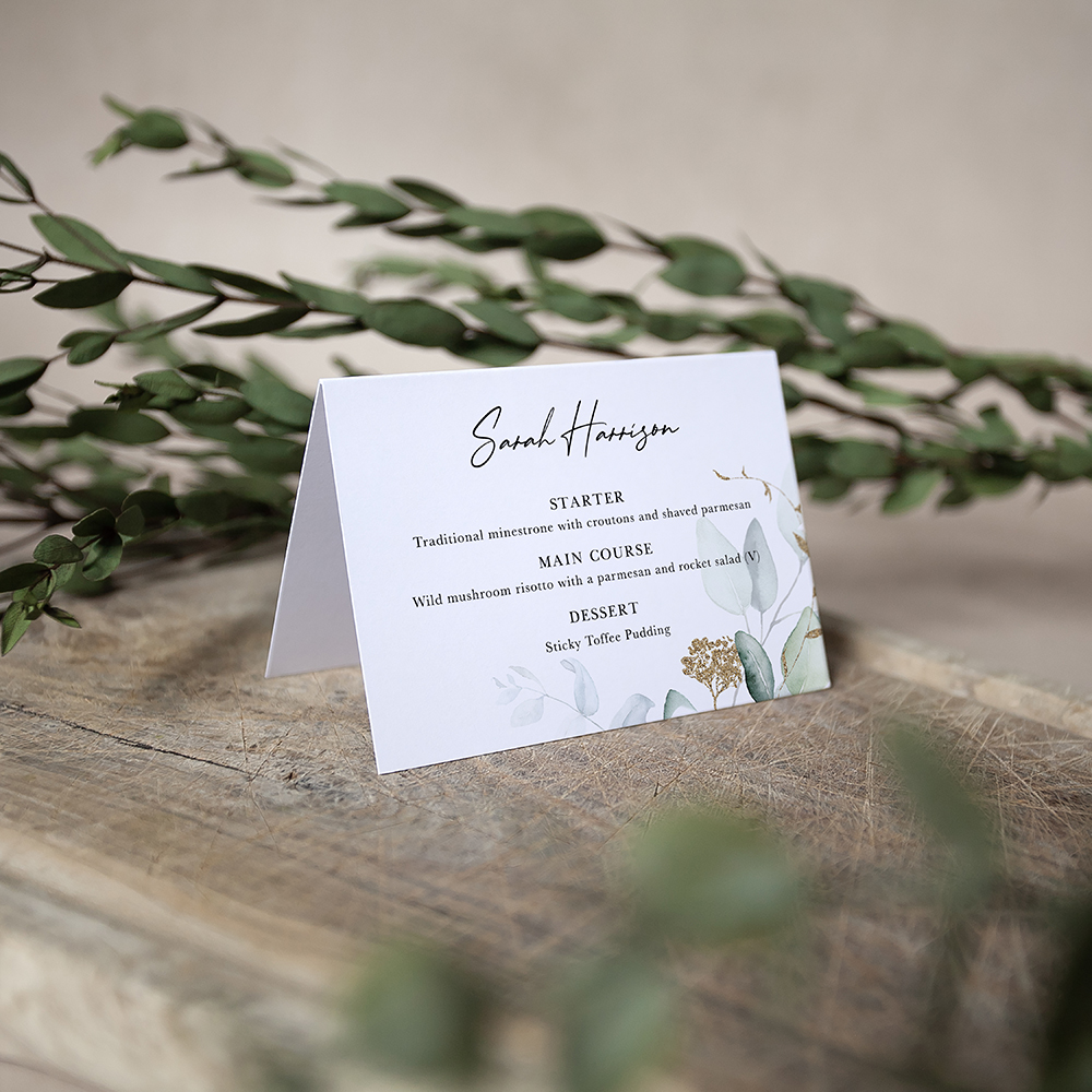 'Green & Gold Eucalyptus' Menu Place Card