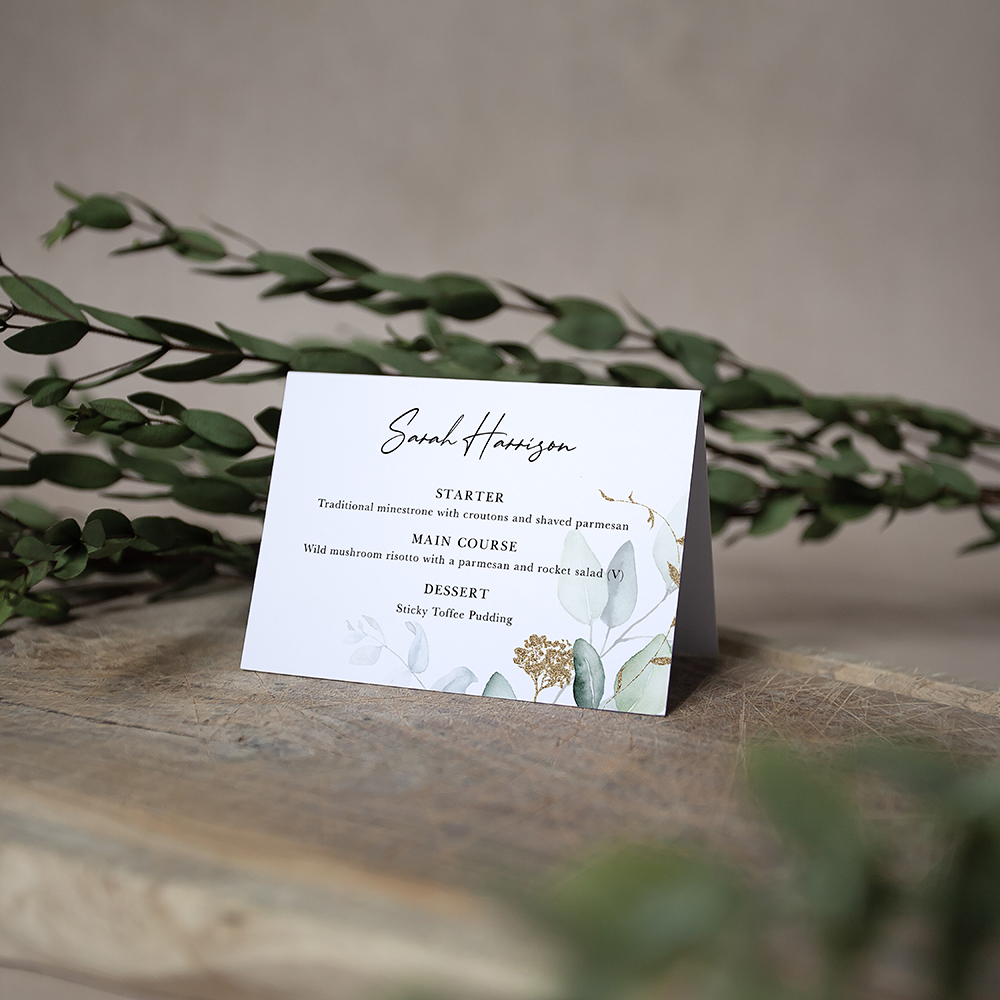 'Green & Gold Eucalyptus' Menu Place Card
