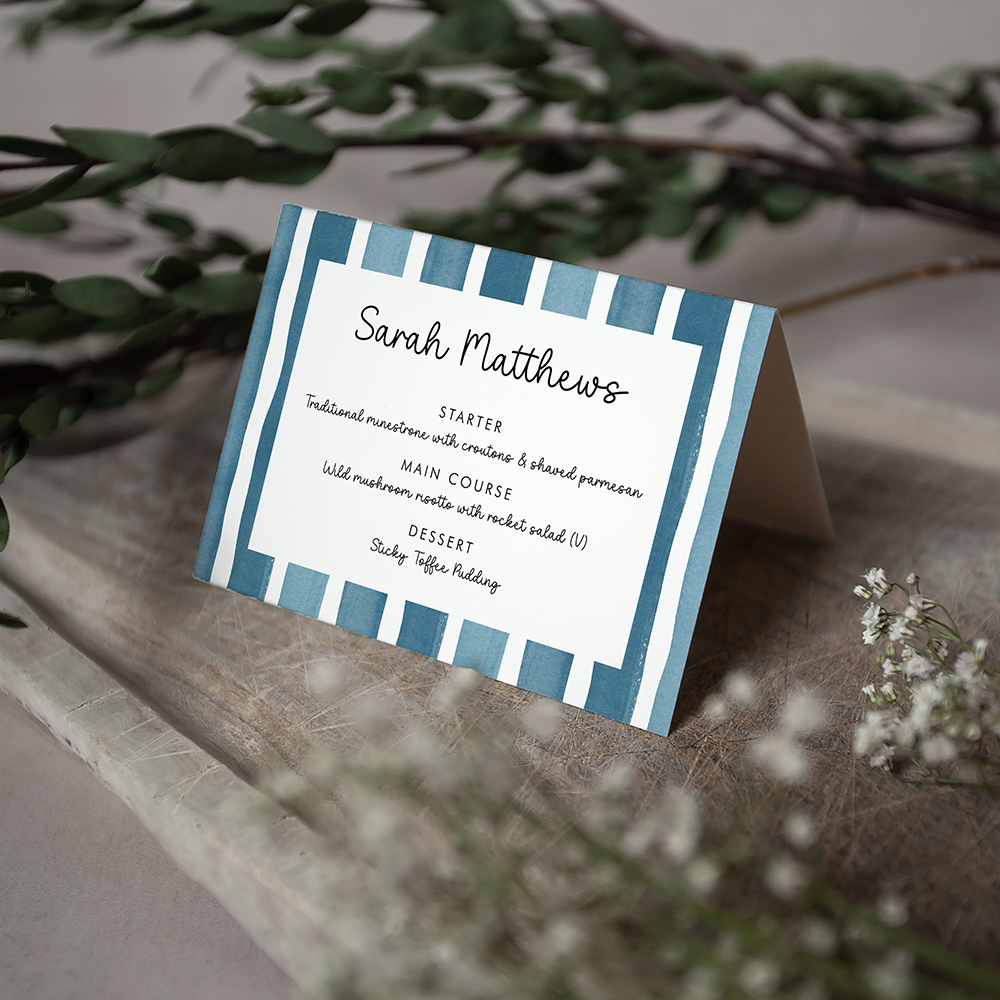 'Stripes - Blue Multi' Menu Place Card