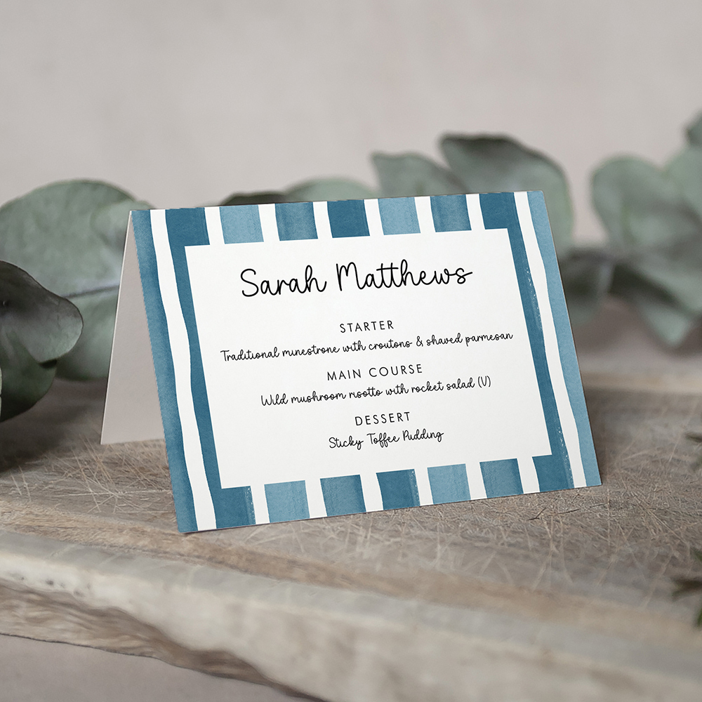 'Stripes - Blue Multi' Menu Place Card