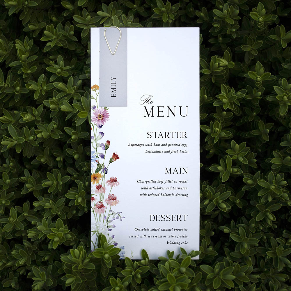 'Wildflower Garden' Tag Wedding Menu - Slim