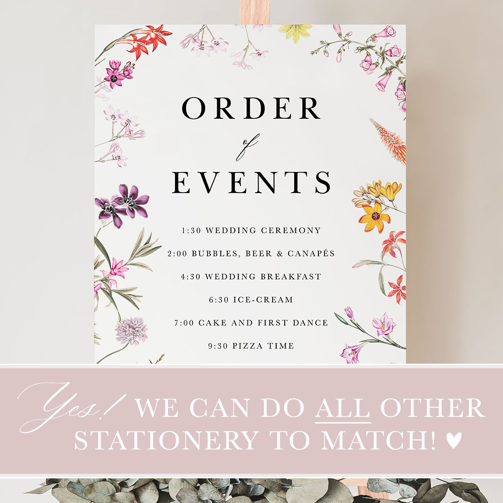 'Wild Botanical' Wedding Order of Events Sign A2/A1