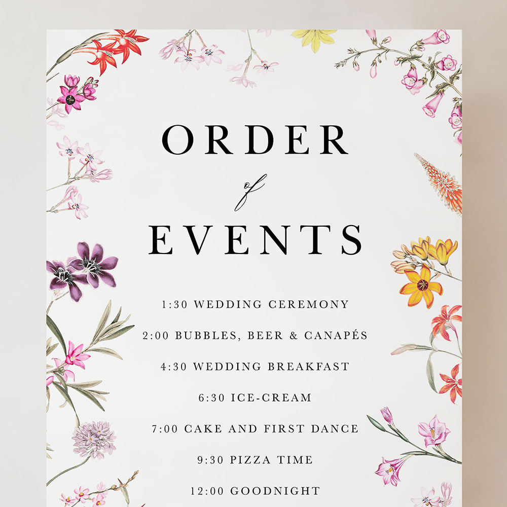 'Wild Botanical' Wedding Order of Events Sign A2/A1