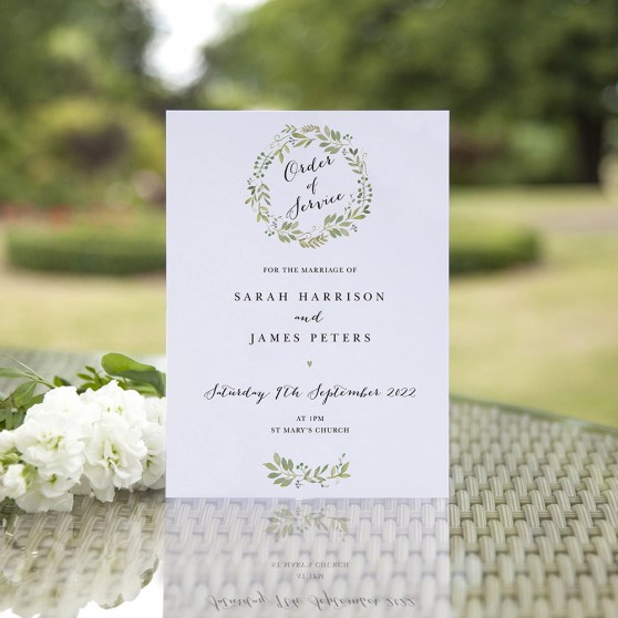 'Green Floral Watercolour' Folded Order of Service Sample