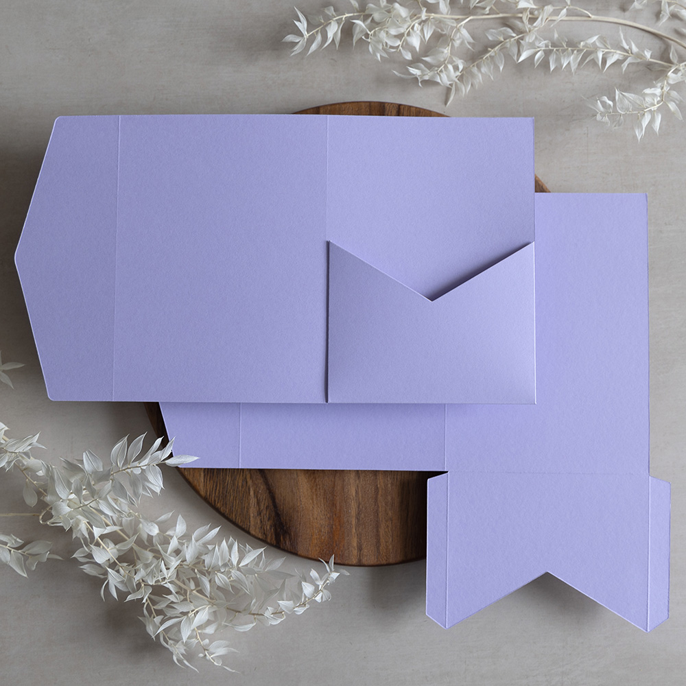 Foil Pressed DIY Lavender Pocketfold Envelopes Letterpress Style