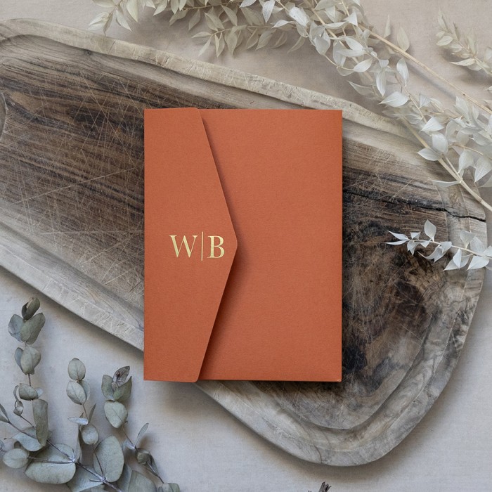 Foil Pressed DIY Rust Orange Pocketfold Envelopes Letterpress Style