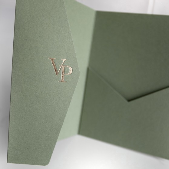 Foil Pressed DIY Sage Green Pocketfold Envelopes Letterpress Style