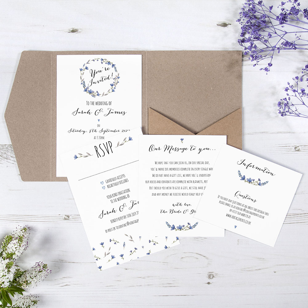 'Blue Floral Watercolour' Pocketfold Wedding Invitation