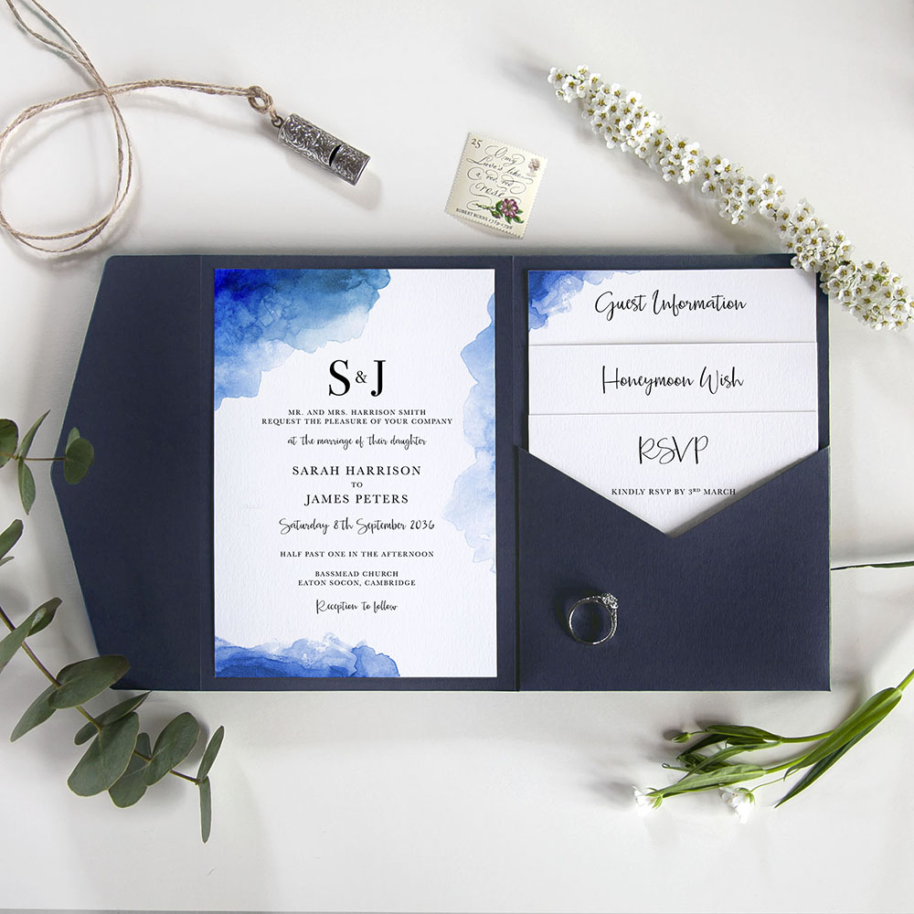 'Blue Watercolour Splash' Pocketfold Wedding Invitation Sample