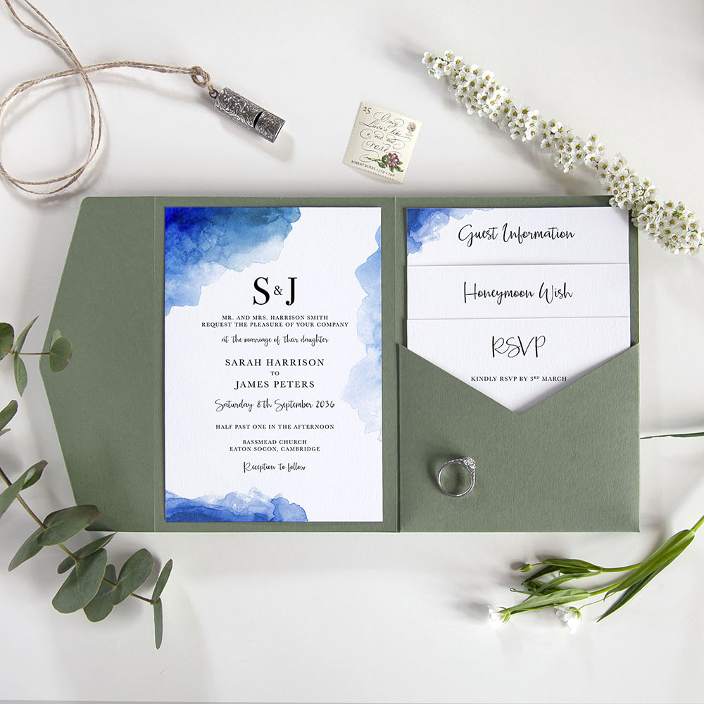 'Blue Watercolour Splash' Pocketfold Wedding Invitation