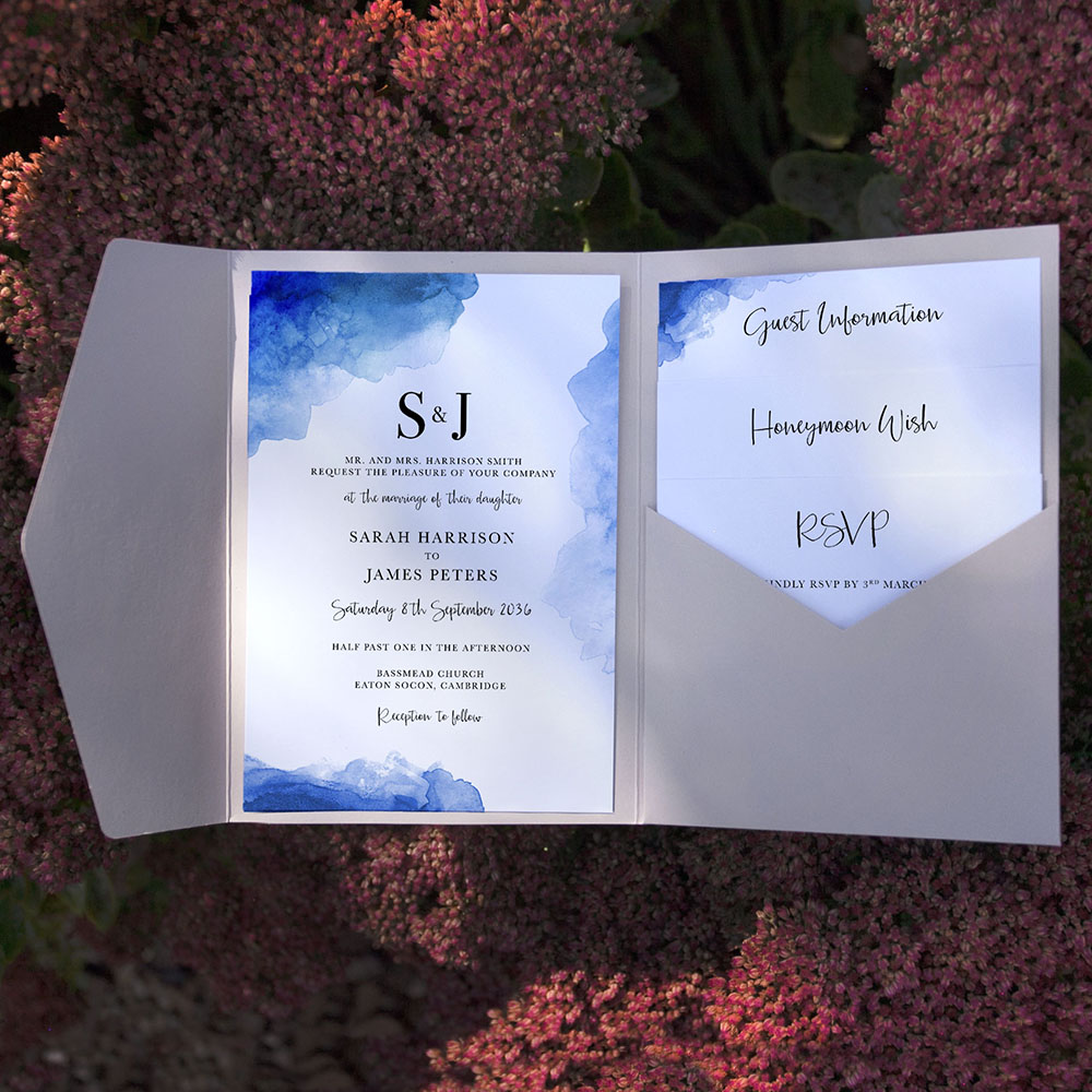'Blue Watercolour Splash' Pocketfold Wedding Invitation Sample