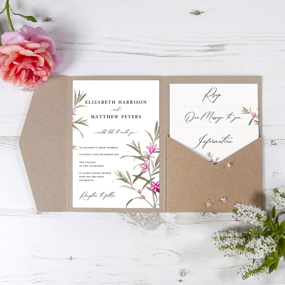 'Pink Botanical' Pocketfold Wedding Invitation Sample