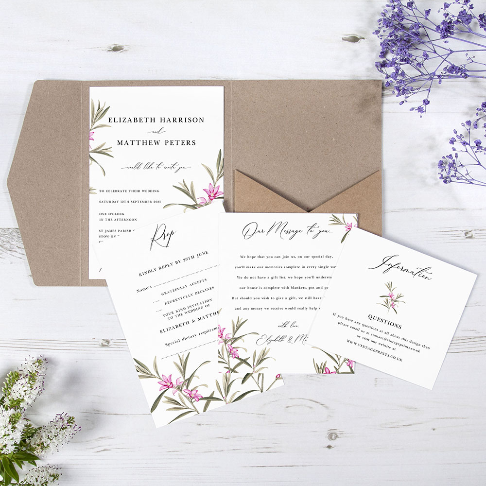 'Pink Botanical' Pocketfold Wedding Invitation