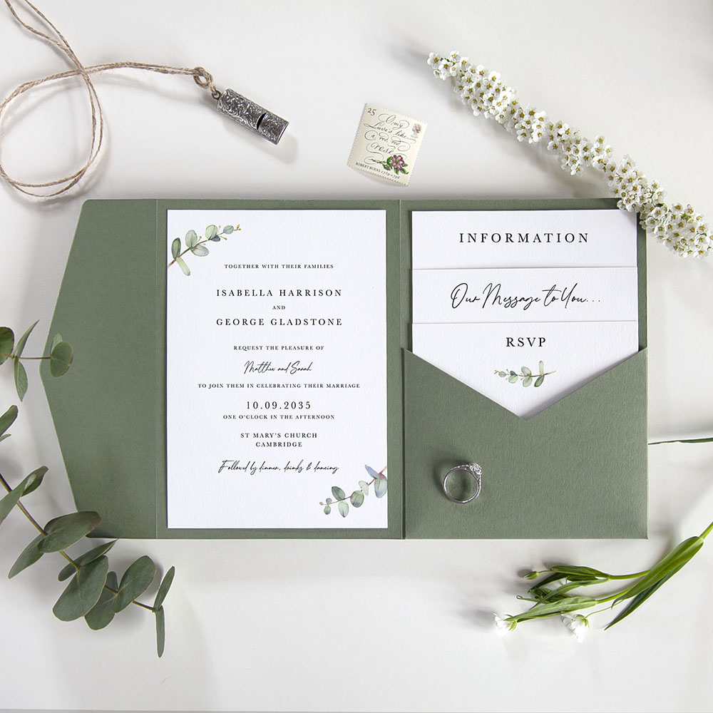 'Campagna Eucalyptus' Pocketfold Wedding Invitation Sample