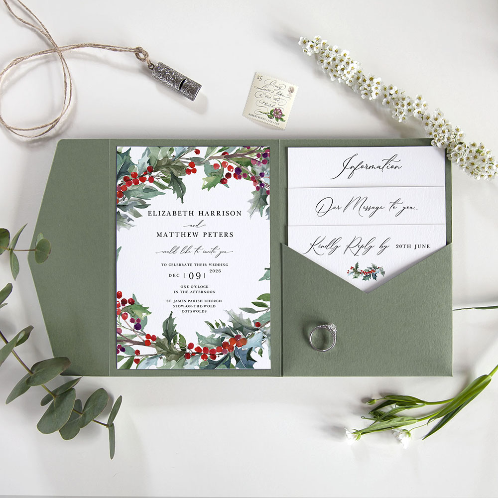 'Christmas Holly' Pocketfold Wedding Invitation Sample