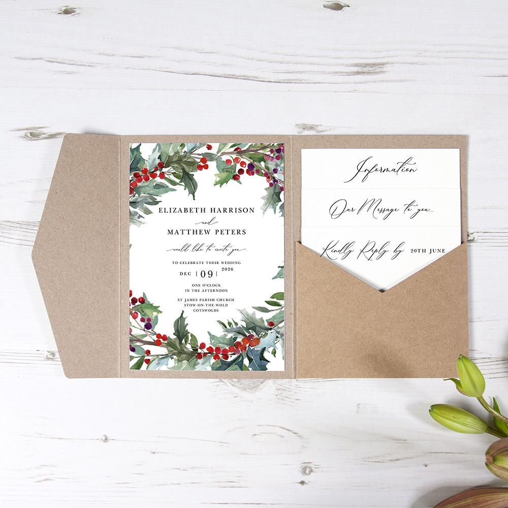 'Christmas Holly' Pocketfold Wedding Invitation Sample
