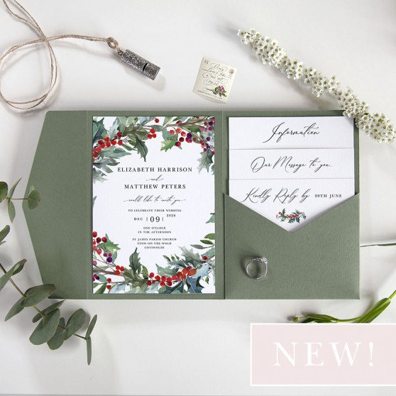 'Christmas Holly' Pocketfold Wedding Invitation