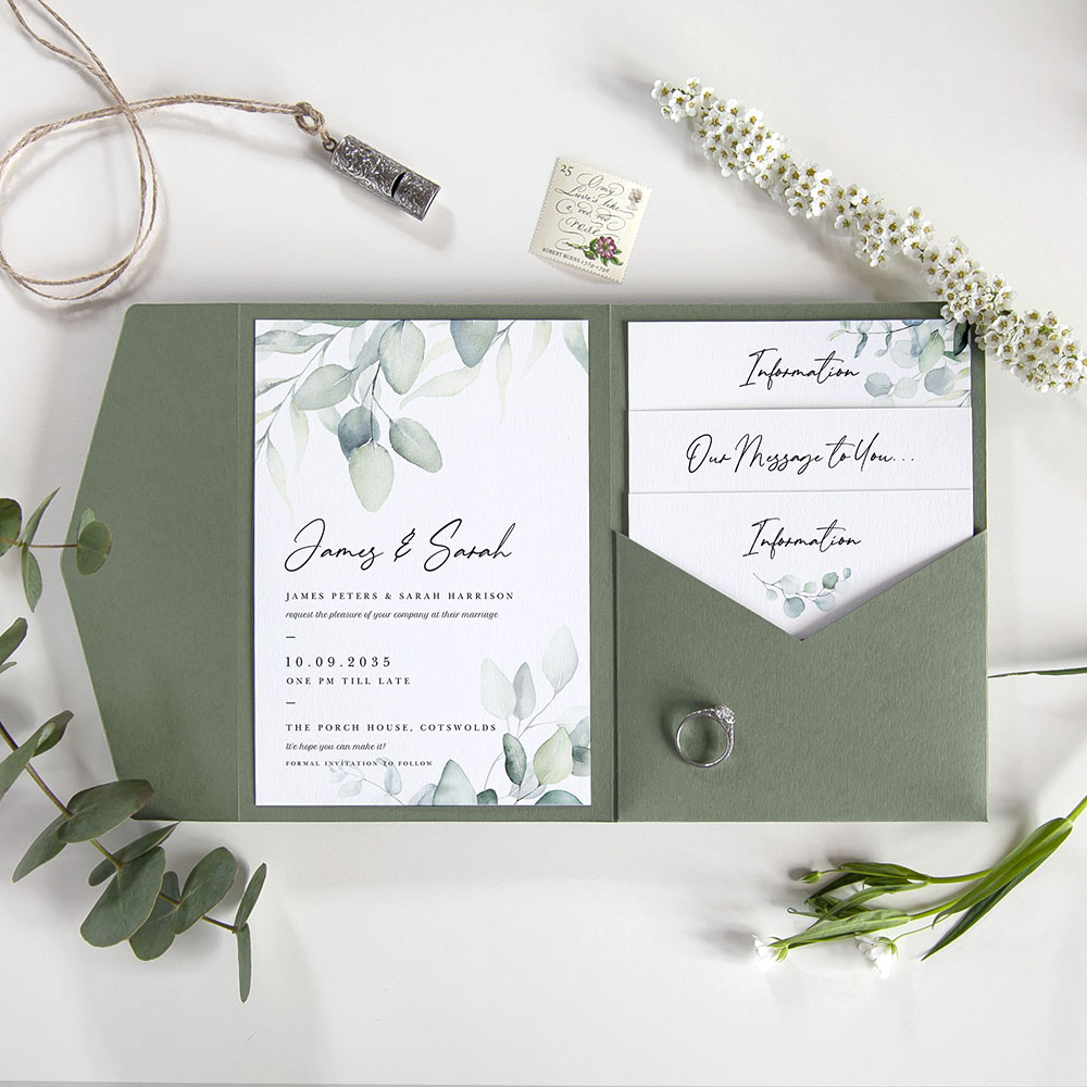'Dreamy Eucalyptus' Pocketfold Wedding Invitation Sample