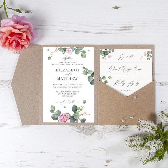 'Eucalyptus Blush' Pocketfold Wedding Invitation
