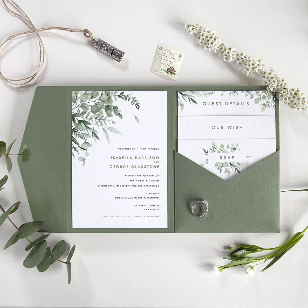 'Enchanting Eucalyptus EE01' Pocketfold Wedding Invitation Sample