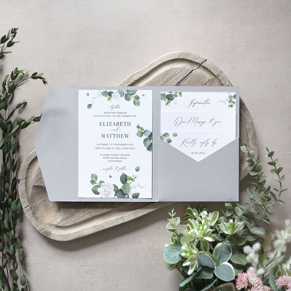 'Eucalyptus White' Pocketfold Wedding Invitation