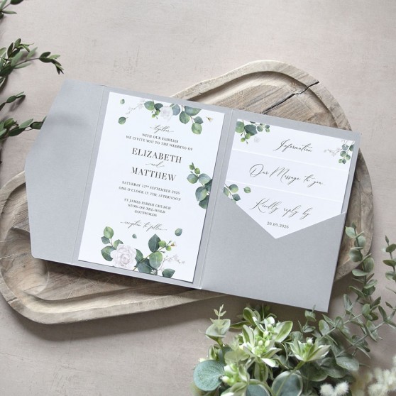'Eucalyptus White' Pocketfold Wedding Invitation