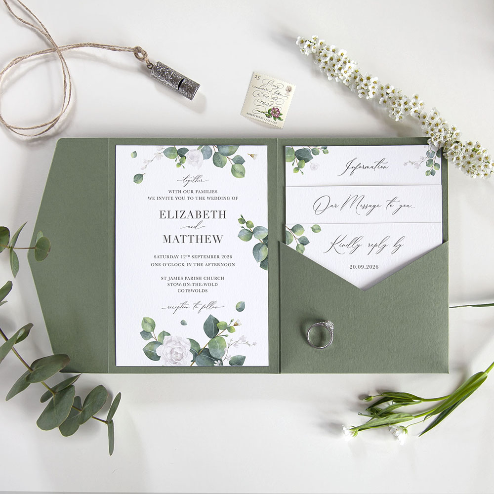 'Eucalyptus White' Pocketfold Wedding Invitation Sample