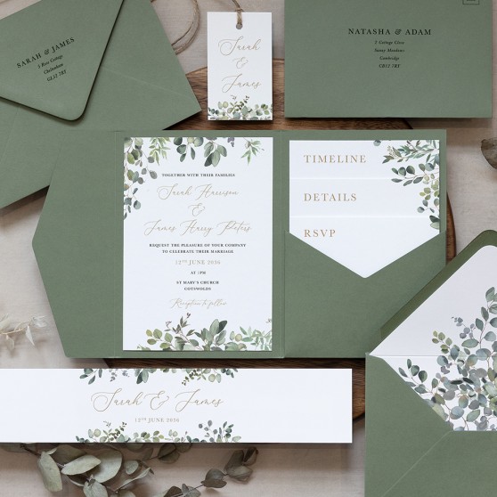 'Golden Evergreen' Pocketfold Wedding Invitation Sample