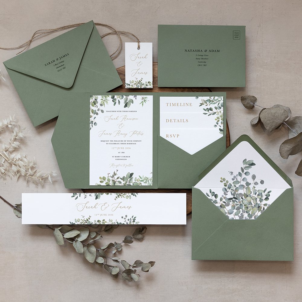 'Golden Evergreen' Pocketfold Wedding Invitation Sample