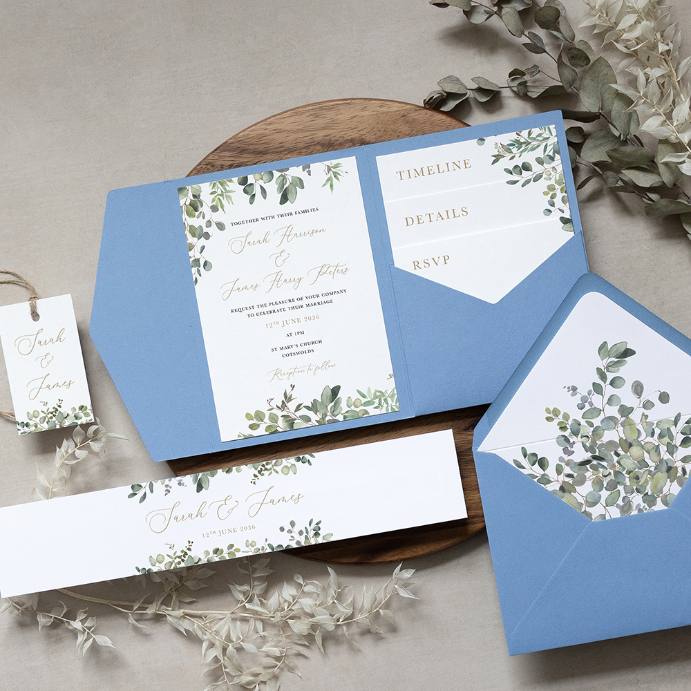'Golden Evergreen' Pocketfold Wedding Invitation Sample