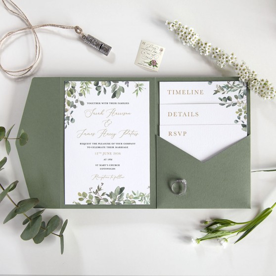 'Golden Evergreen' Pocketfold Wedding Invitation Sample