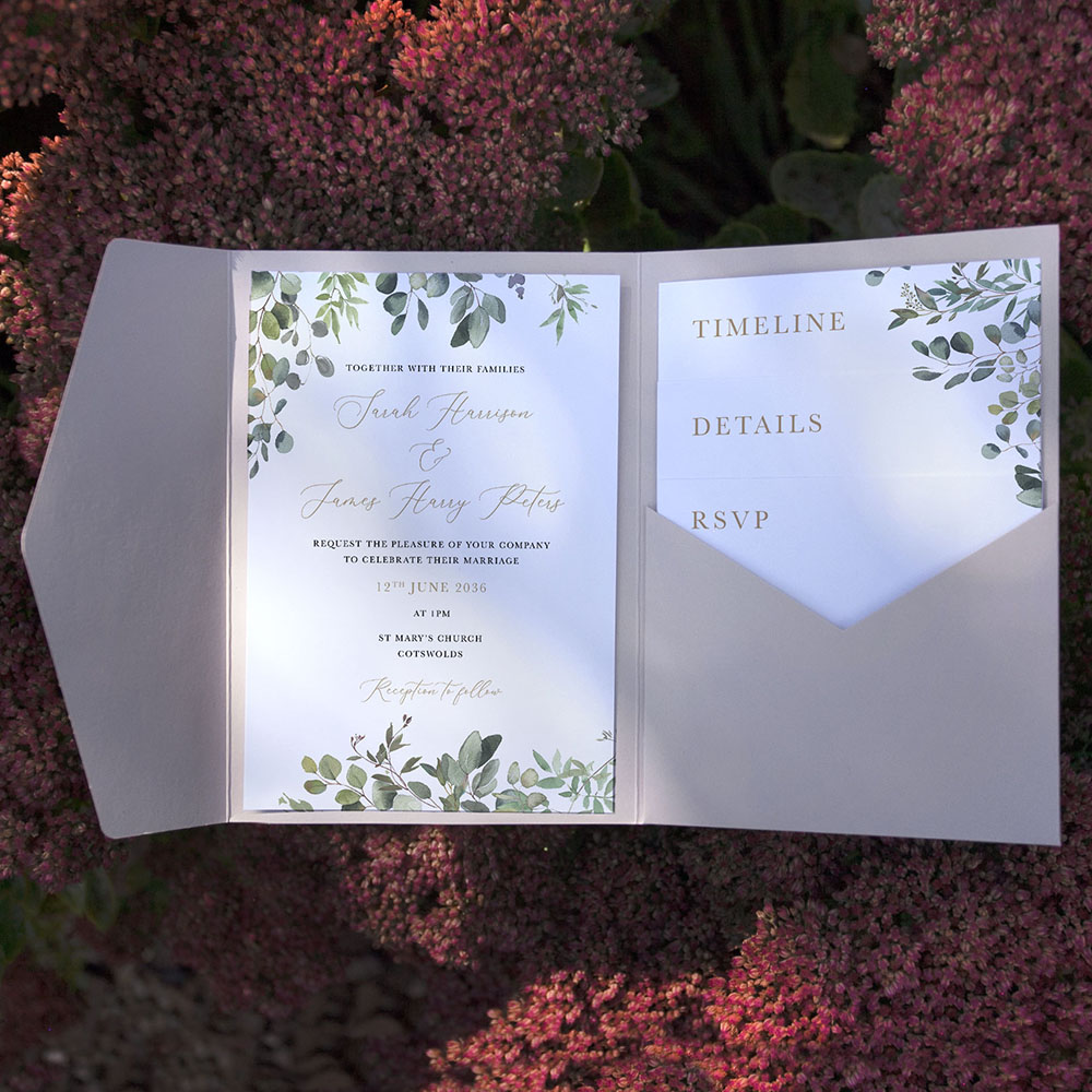 'Golden Evergreen' Pocketfold Wedding Invitation Sample