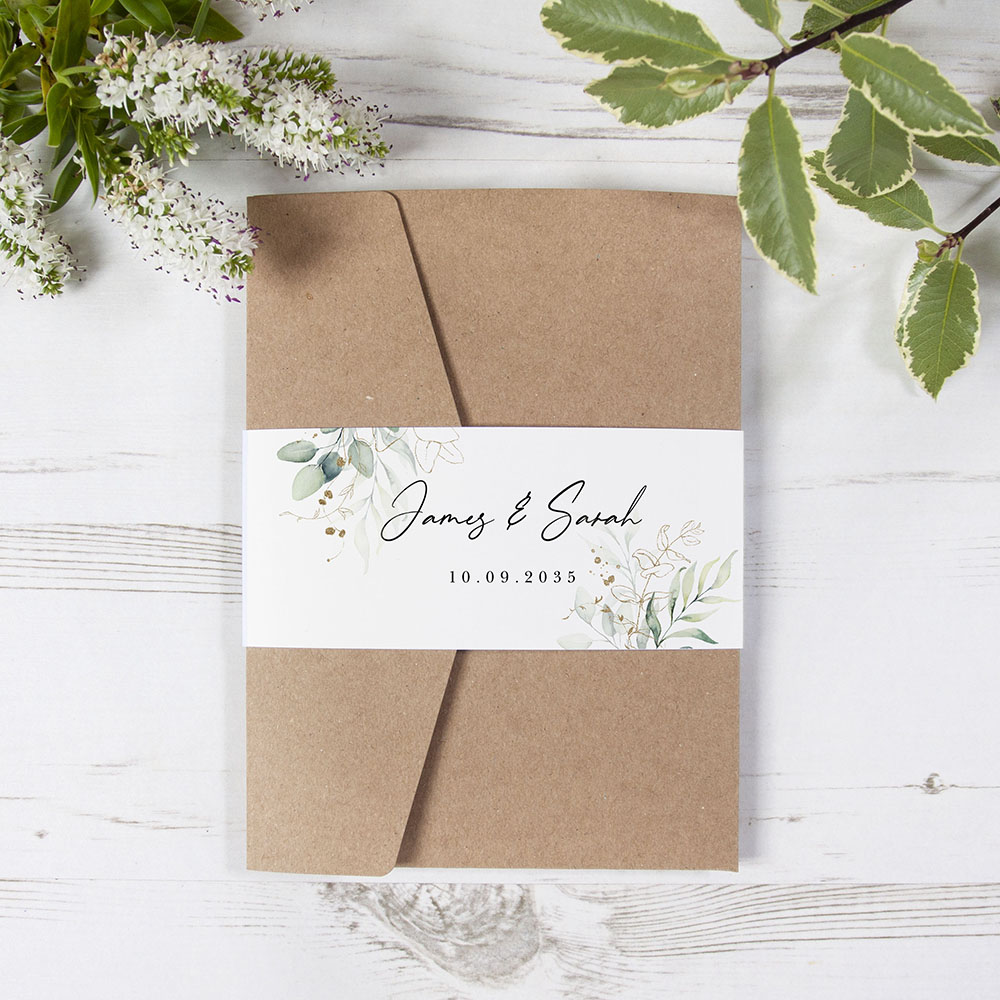 'Green & Gold Eucalyptus' Pocketfold Wedding Invitation Sample