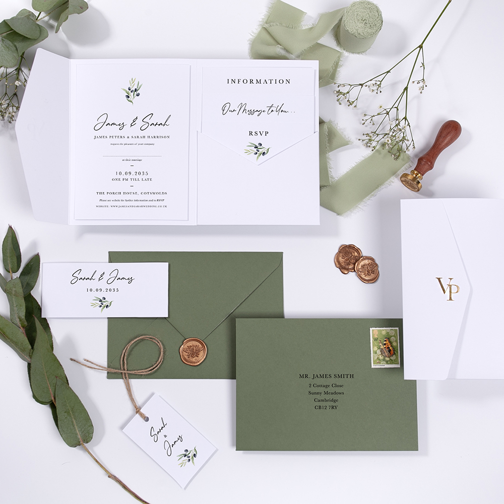 'Olive Leaves OL100' Pocketfold Wedding Invitation