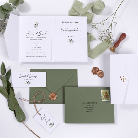 'Olive Leaves OL100' Pocketfold Wedding Invitation