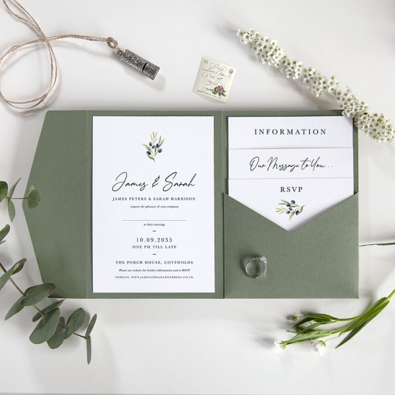 'Olive Leaves OL100' Pocketfold Wedding Invitation Sample
