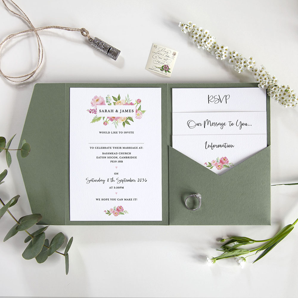 'Peony' Pocketfold Wedding Invitation Sample