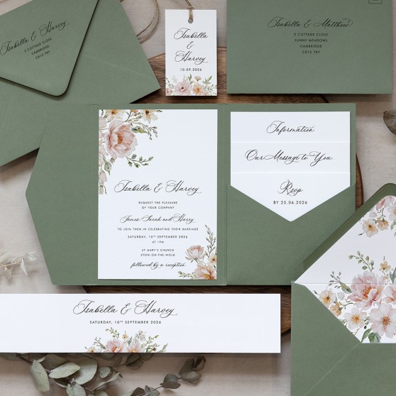 'Vintage Blush Blossom' Pocketfold Wedding Invitation Sample