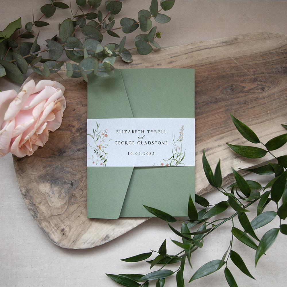 'Vintage Botanical V001' Pocketfold Wedding Invitation
