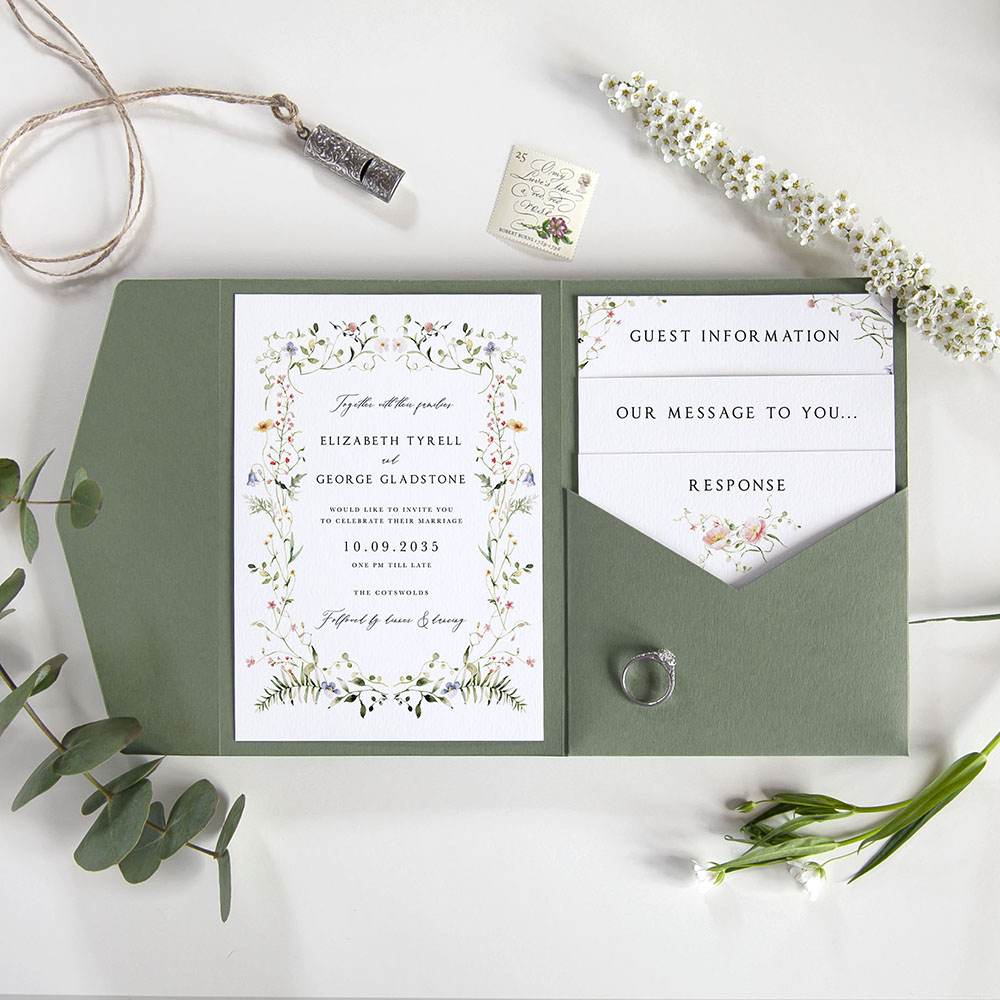 'Vintage Botanical V001' Pocketfold Wedding Invitation Sample