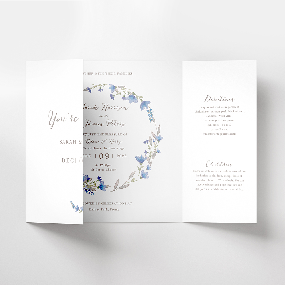 'Blue Floral Watercolour' Printed Gatefold Wedding Invitation