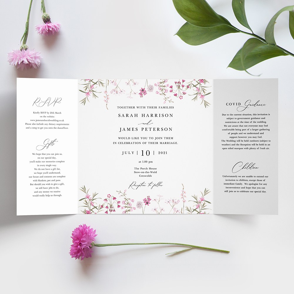 'Pink Botanical' Printed Gatefold Wedding Invitation Sample