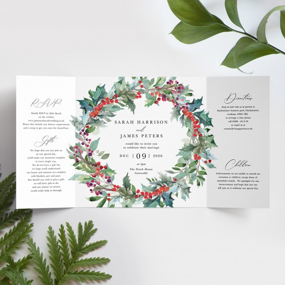 'Christmas Holly' Printed Gatefold Wedding Invitation Sample