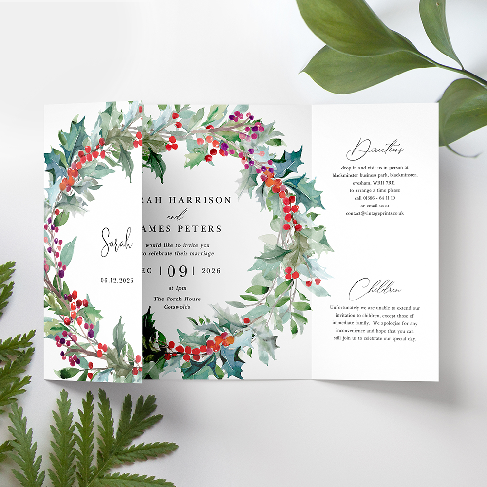 'Christmas Holly' Printed Gatefold Wedding Invitation Sample